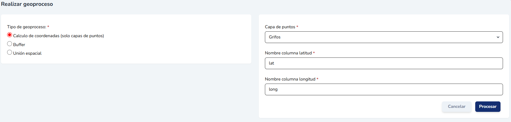 Configuración de columnas de latitud y longitud