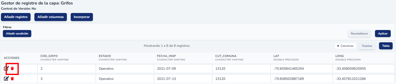 Confirmación de eliminación de un registro