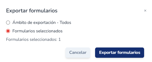 Ventana Exportar formularios con la selección de ámbito