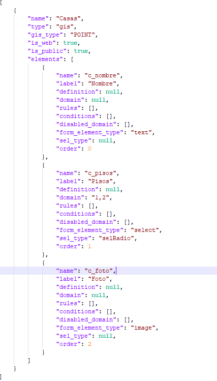 Ejemplo de la estructura JSON exportada de un formulario