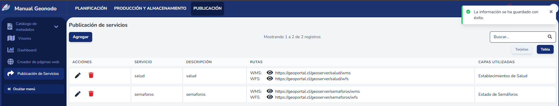 Confirmación de guardado y servicio incorporado