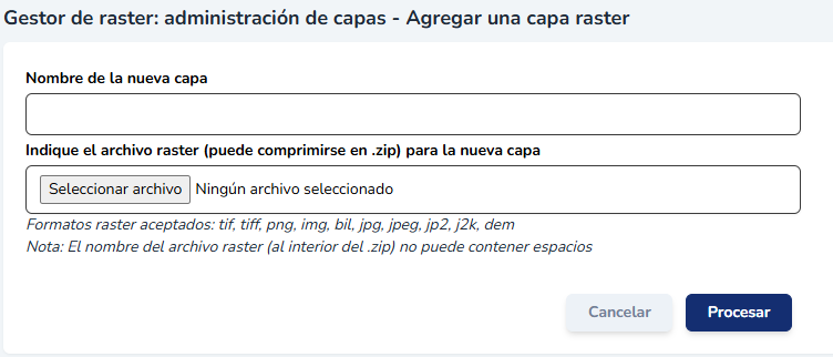 Formulario para agregar un nuevo archivo raster