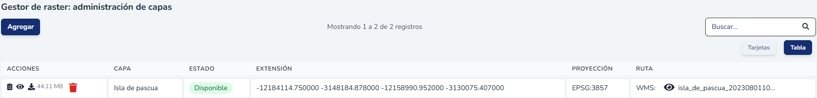 Capa raster correctamente procesada en el listado