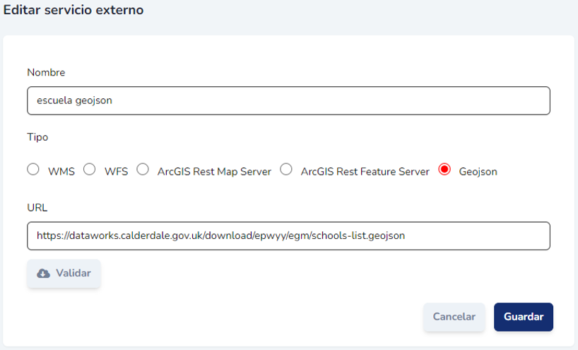 Formulario para registrar un servicio Geojson