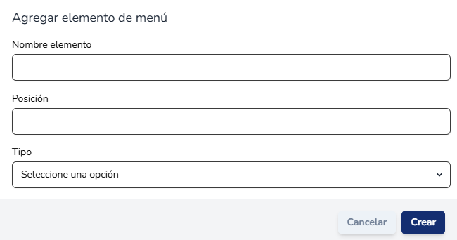 Formulario para agregar un nuevo elemento de menú