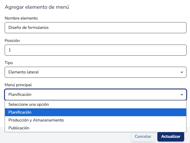 Configuración de un elemento de tipo Elemento lateral