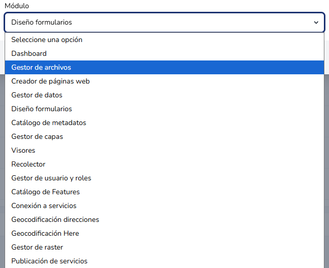 Selector del campo Módulo con las funcionalidades disponibles