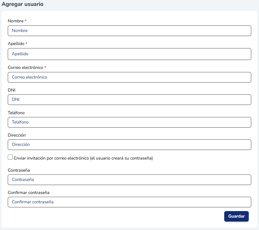 Formulario de creación de un nuevo usuario