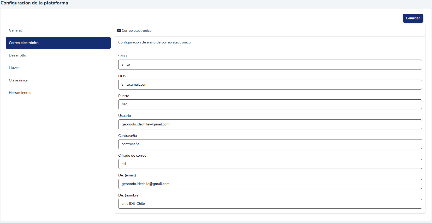 Submódulo Correo electrónico de la Configuración general