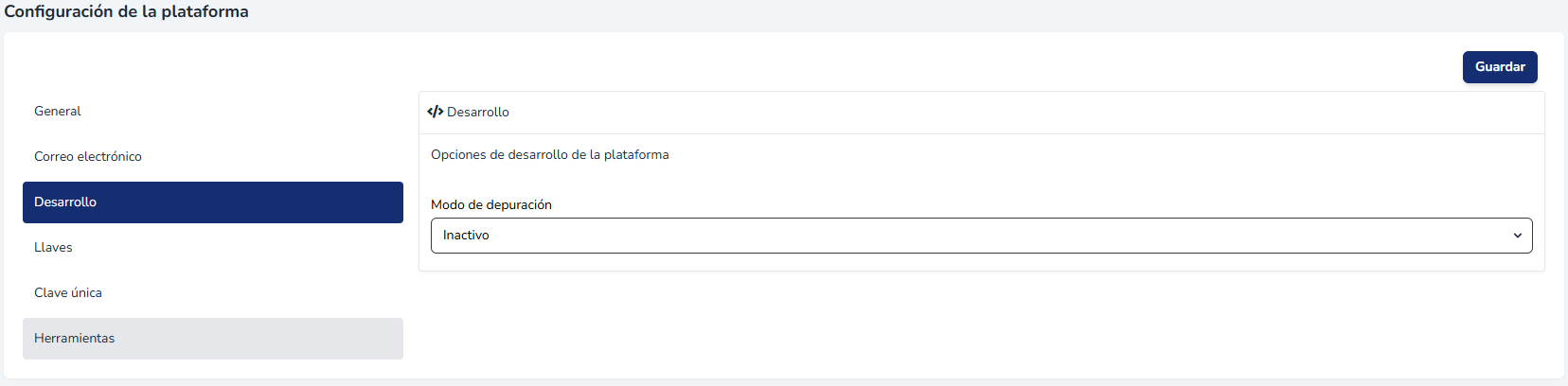 Submódulo Desarrollo con la opción de modo de depuración