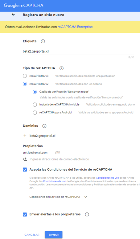 Formulario de registro de un nuevo sitio en reCAPTCHA