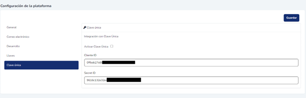 Submódulo Clave Única de la Configuración general